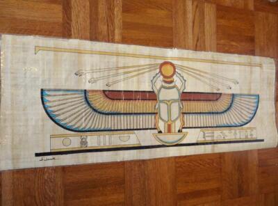 Huge Handmade Papyrus Egyptian ''Winged Scarab Beetle'' Painting....32''x12'' Inches