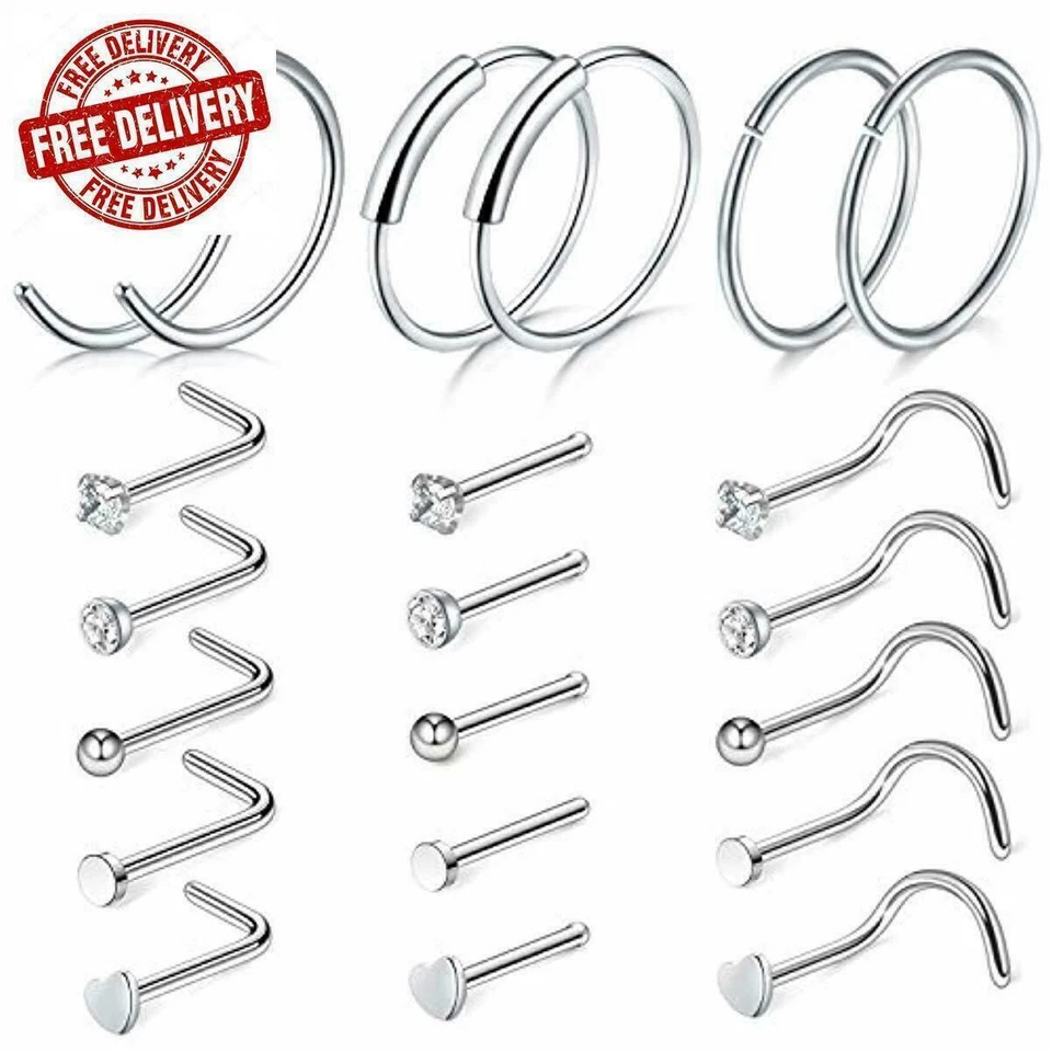 Lote de 21 piezas de acero quirúrgico anillo nariz pendiente forma de L hueso perno perno piercing kit 20G Foto 2 de 4