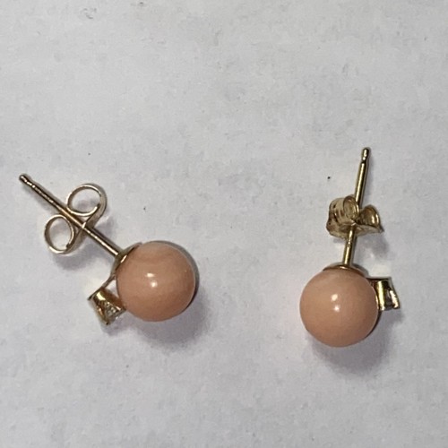 Pierced Earrings Diamonds And Angel Skin Coral Vintage 14k Yellow Gold Dainty - Picture 13 of 15