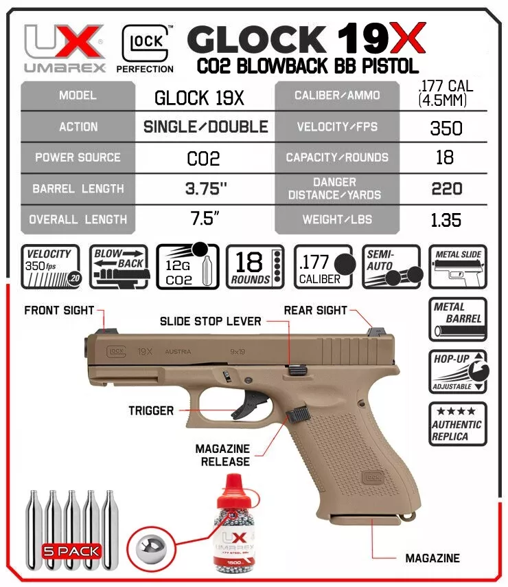  Umarex 2255212 Glock 19X Gen5 .177 Caliber BB Gun Air Pistol,  One Size, Tan : Sports & Outdoors