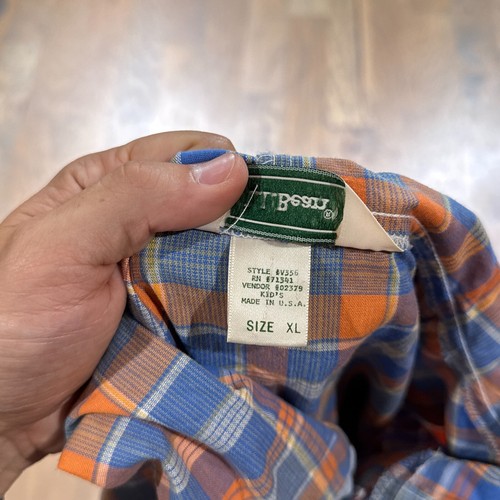 Vintage LL Bean Hoodie Kids XL Blue Orange Plaid Henley Button Up Pullover Logo - Picture 6 of 12