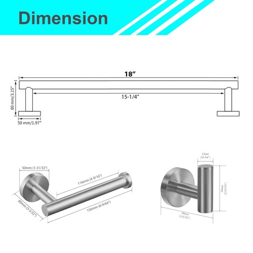 3pc Brushed Nickel Bathroom Hardware Set Wall Mounted Towel Toilet Paper Holder - Picture 10 of 11