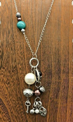 Flapper Silver Tone Charm Necklace Faux Pearl Hearts Key Lock Faceted Beads