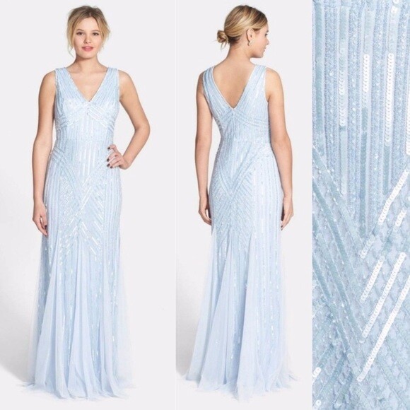 adrianna papell beaded dress ebay Adrianna Papell Women 4 Navy Sequin Beaded Ruffle Long Evening Gown Dress