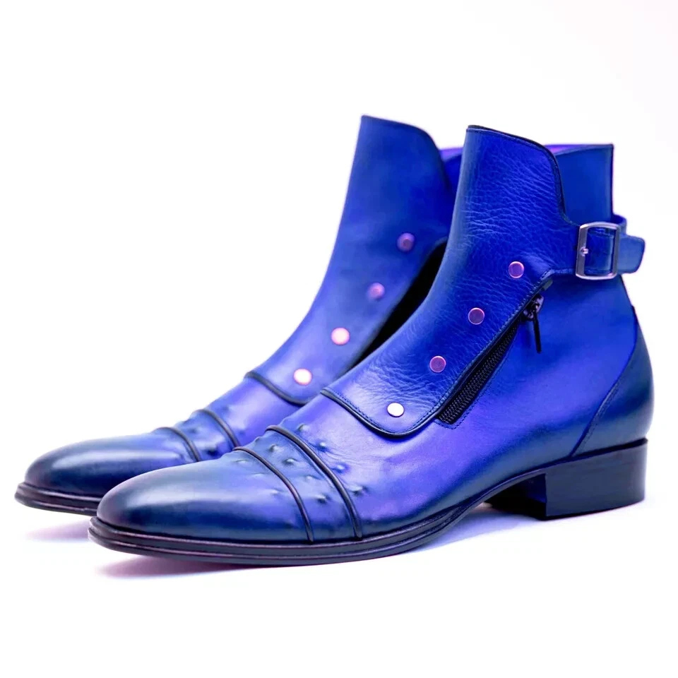 Handmade Ankle Boots with Zippers Leather Blue Buckle Formal Dress Boots For Men