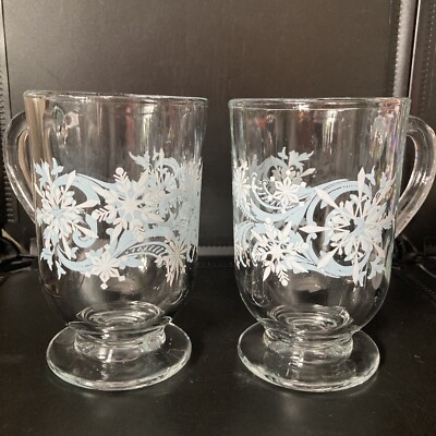 Libbey Footed Glass Mugs Flurry Snow Swirls Winter Blue White Snowflakes Set/ 2