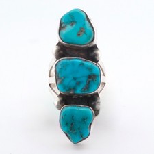 RUSTIC Natural Turquoise Sterling Silver 3-Stone Ring, US 7