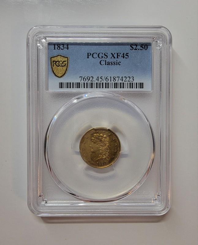 1834 Two Dollar and Fifty Cent "89.92% Gold" Classic Head ($2.50 PCGS XF 45)