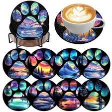 8 Pcs Aurora Diamond Art Coasters Kits with Holder 4X4 Inch Dog Paw Landscape Di