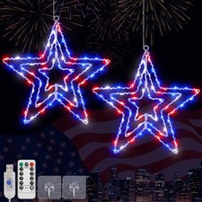 4th of July Decorations, 2 Pack Red White and Blue Window Star Lights with 65 LE