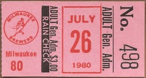 Paul Molitor HR #20 July 26, 1980 Brewers at Orioles Ticket Stub