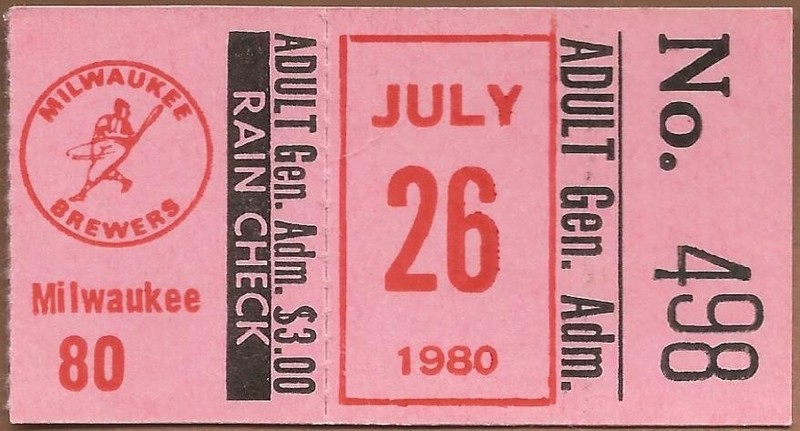 Paul Molitor HR #20 July 26, 1980 Brewers at Orioles Ticket Stub
