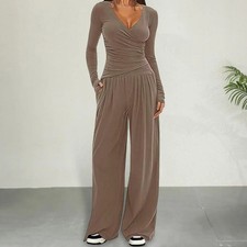 Women's Solid Loose Wide Leg Pants Set Long Sleeve Sportswear Two-Piece Outfit