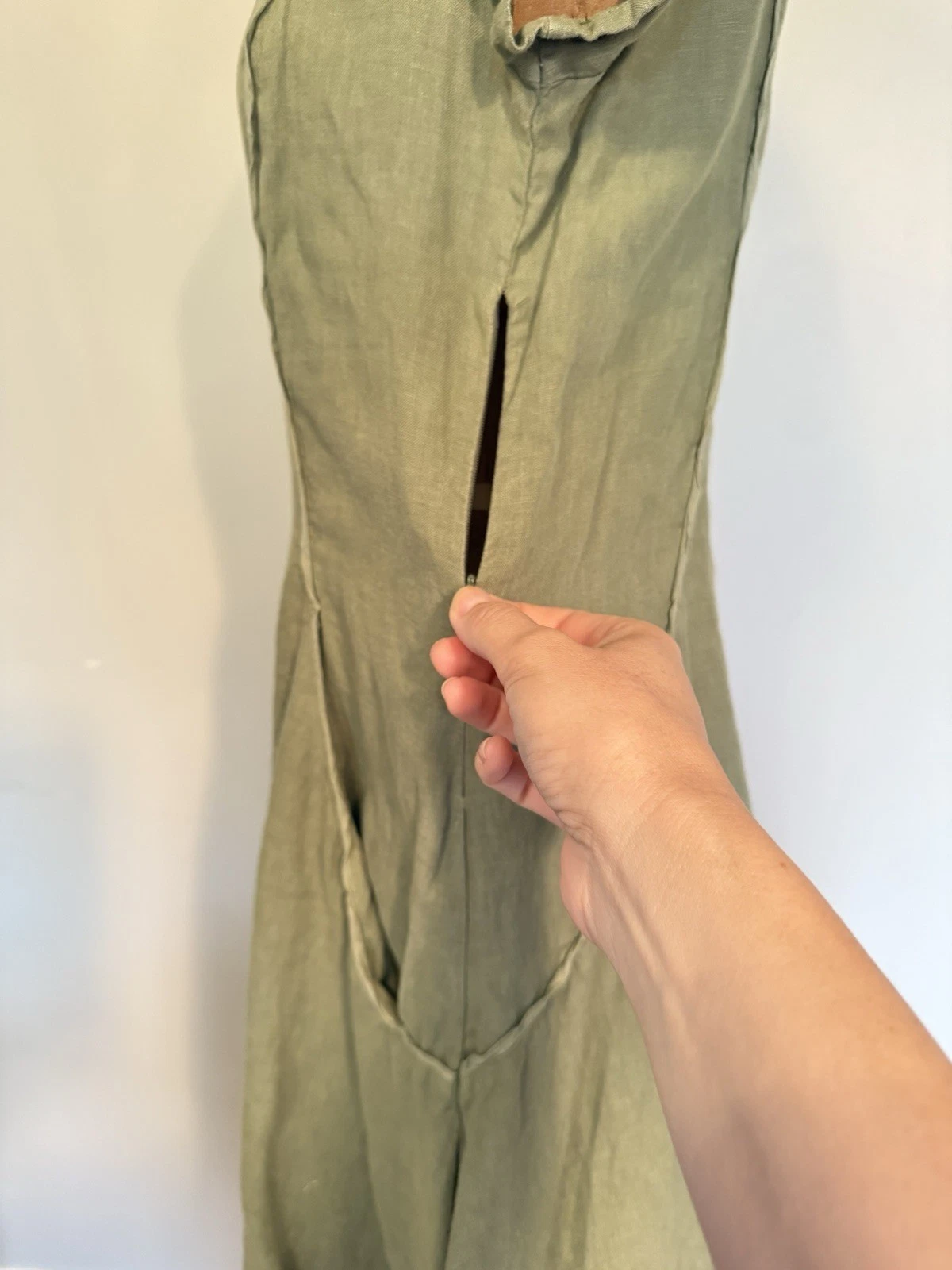 VETEMENTS Grizas verde salvia 100% lino lavato tasche Lagenlook taglia media