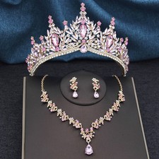Princess Crown Tiara Necklace Earrings Bridal Wedding Prom Women Jewelry