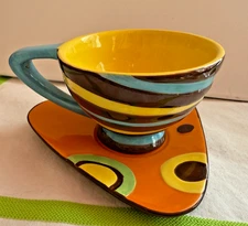 Bella Casa by Ganz Set Abstract Cup & Saucer Blue Yellow Orange Brown 3"