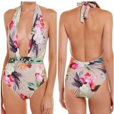 La Blanca Women's 183828 Floral Print Plunging Neck One-Piece Swimsuit Size 8