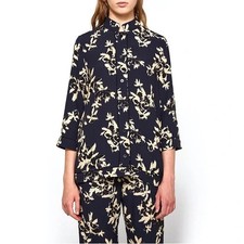 Ganni St Pierre Blouse 36 8 10 New Floral Viscose Crepe Sleeve Button Navy Cream
