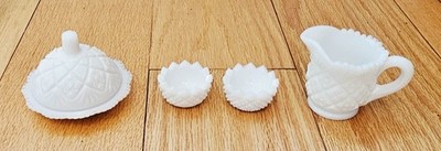 Westmoreland Thumbelina Child Set White Milk Glass Set of 4 Pcs Blue Tint