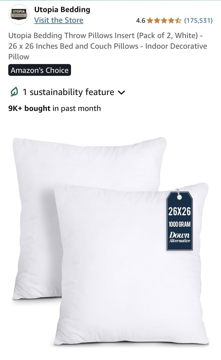 Throw Pillow Inserts 2-Pack 26” X 26” White Microfiber Fabric W/100% Polyester