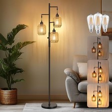 Dimmable Boho Floor Lamp - 3 Light Farmhouse Rattan Black Brown Lampshades