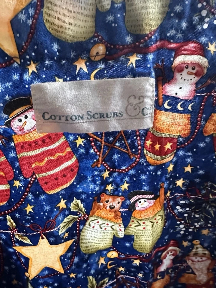 Christmas Scrub Jacket Snowmen Royal Blue Mittens Cotton Medium Women’s - Image 2 of 4