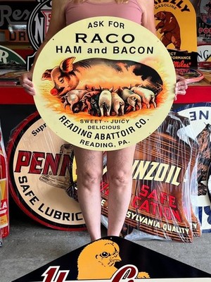Vintage Old Style Sign Ham and Bacon NOT Porcelain Made in USA 24x24