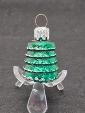Vintage White Snow Christmas Feather Tree Ornament Blown Glass Green Bauble 2"