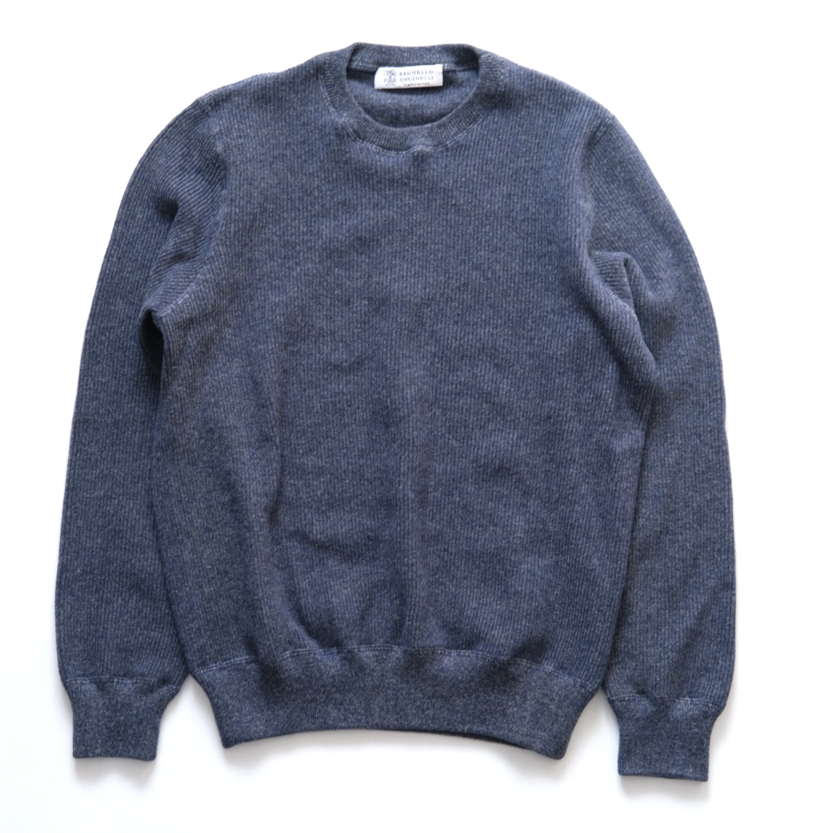 BRUNELLO CUCINELLI Cashmere Wool Silk Rib Knit Sweater Blue Men 