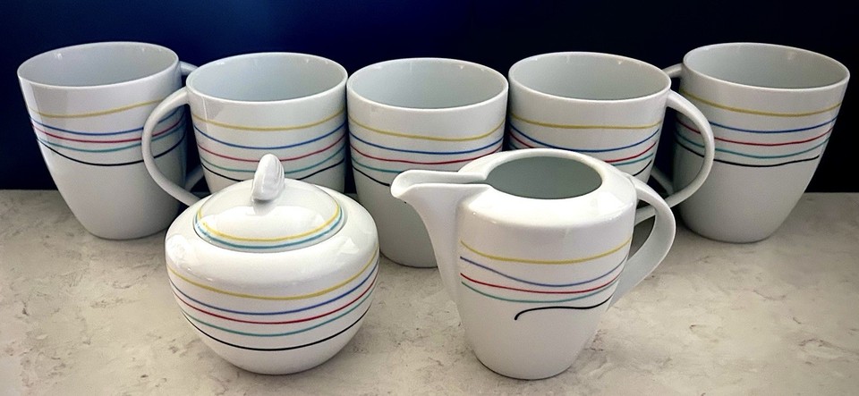 Studio Nova Color Threads Creamer Sugar Bowl & 5 Mugs Set Fine China ...