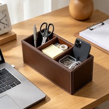 Pencil Holder PU Leather Pen Holder Desk Storage Organizer Box Brown