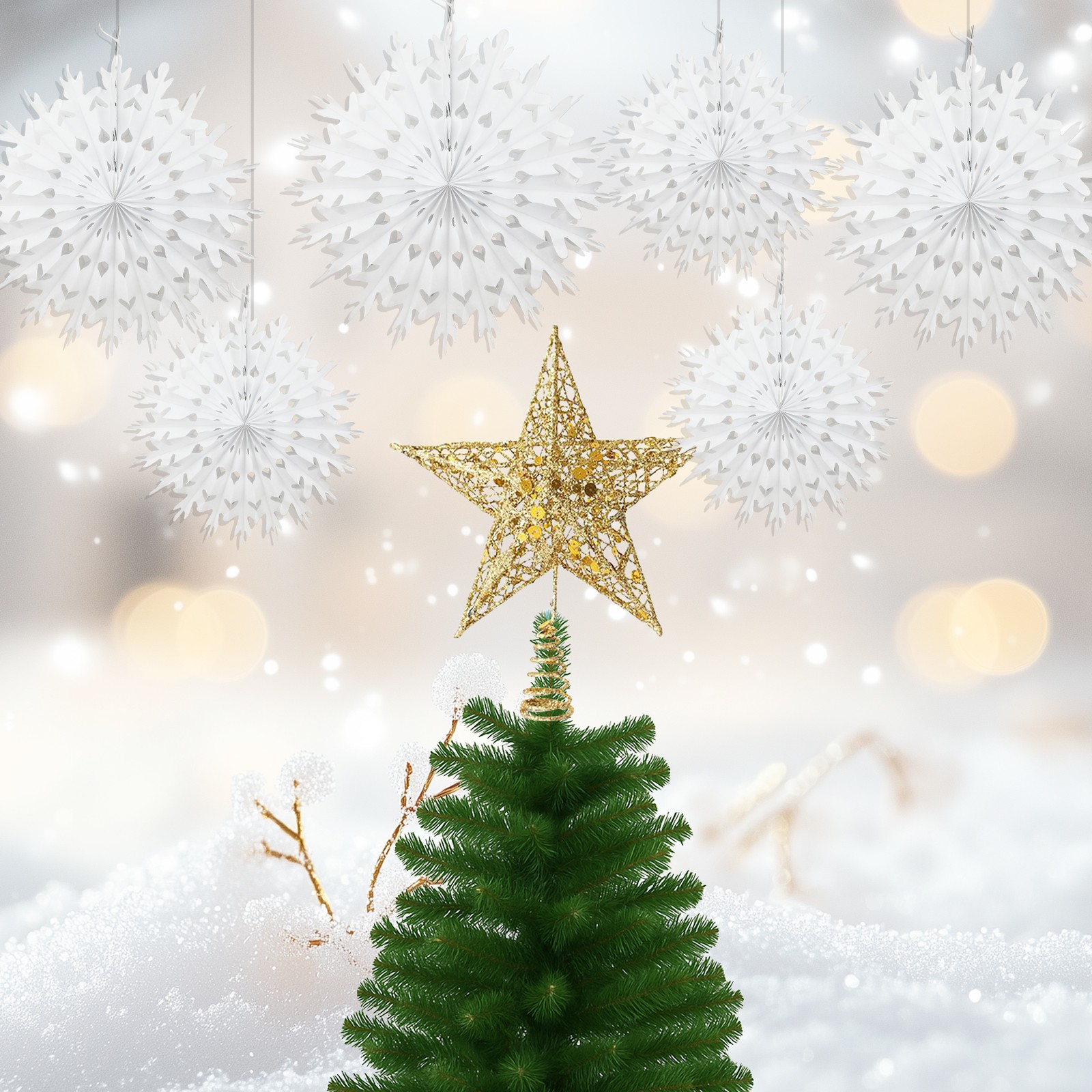 Time to Sparkle Christmas Metal Sequins Tree Topper Star 6Mix Tissue Fans Flower