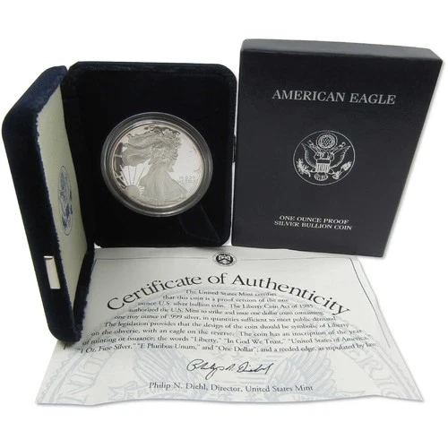 1999 P American Silver Eagle Choice Proof Bullion $1 Coin OGP COA