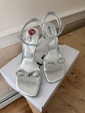 Aldo Silver Metallic Ankle-Strap Heeled Sandals with Rhinestone Accent