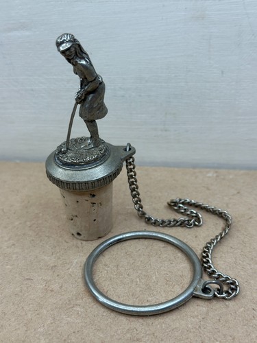 Vintage Pewter Golfer Bottle Stopper with Chain – Rare Golf Barware Collectible