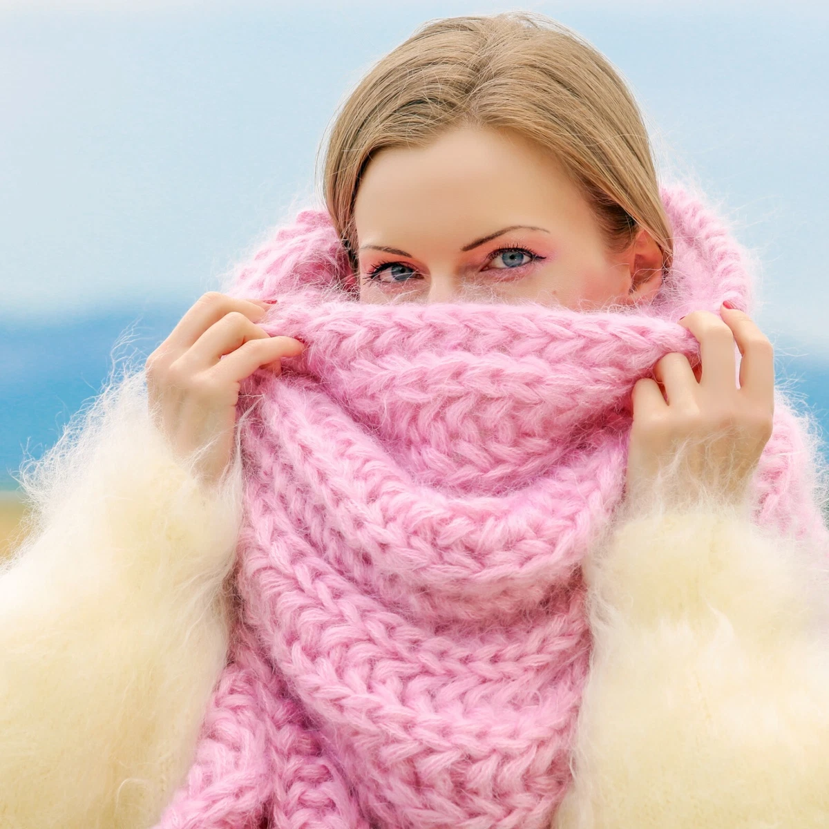 Thick pink fuzzy mohair scarf extra long shawl handknit neck warmer SUPERTANYA