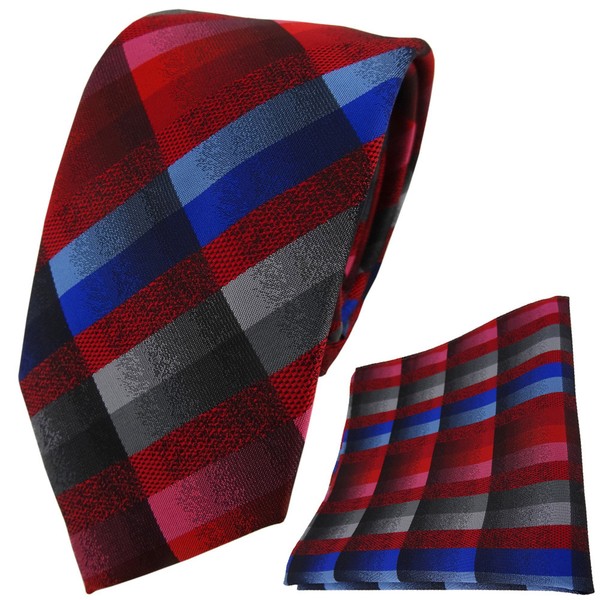 Tigertie Krawatte + Einstecktuch In Rot Blau Rosa Anthrazit Silber Grau Kariert-image