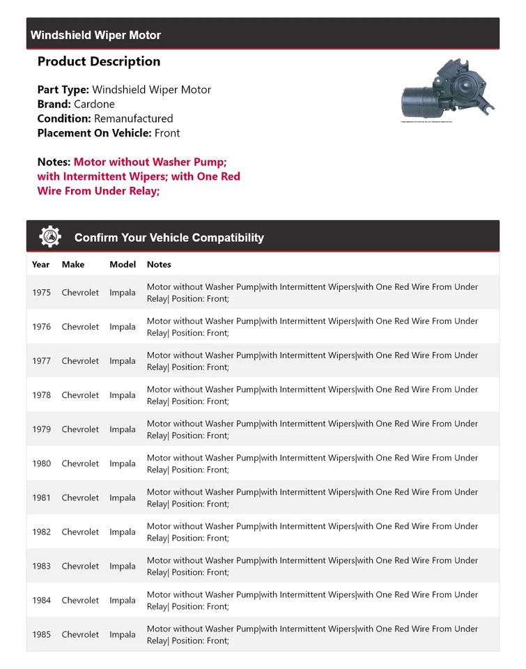Para Chevrolet Impala 1975-1985 Limpiaparabrisas Motor Delantero Cardone 1976 1977 Foto 2 de 4