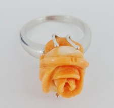 B GIOIELLO ANELLO DONNA ORO BIANCO 18 KT 750 ROSA CORALLO VERO INTAGLIATO MANO