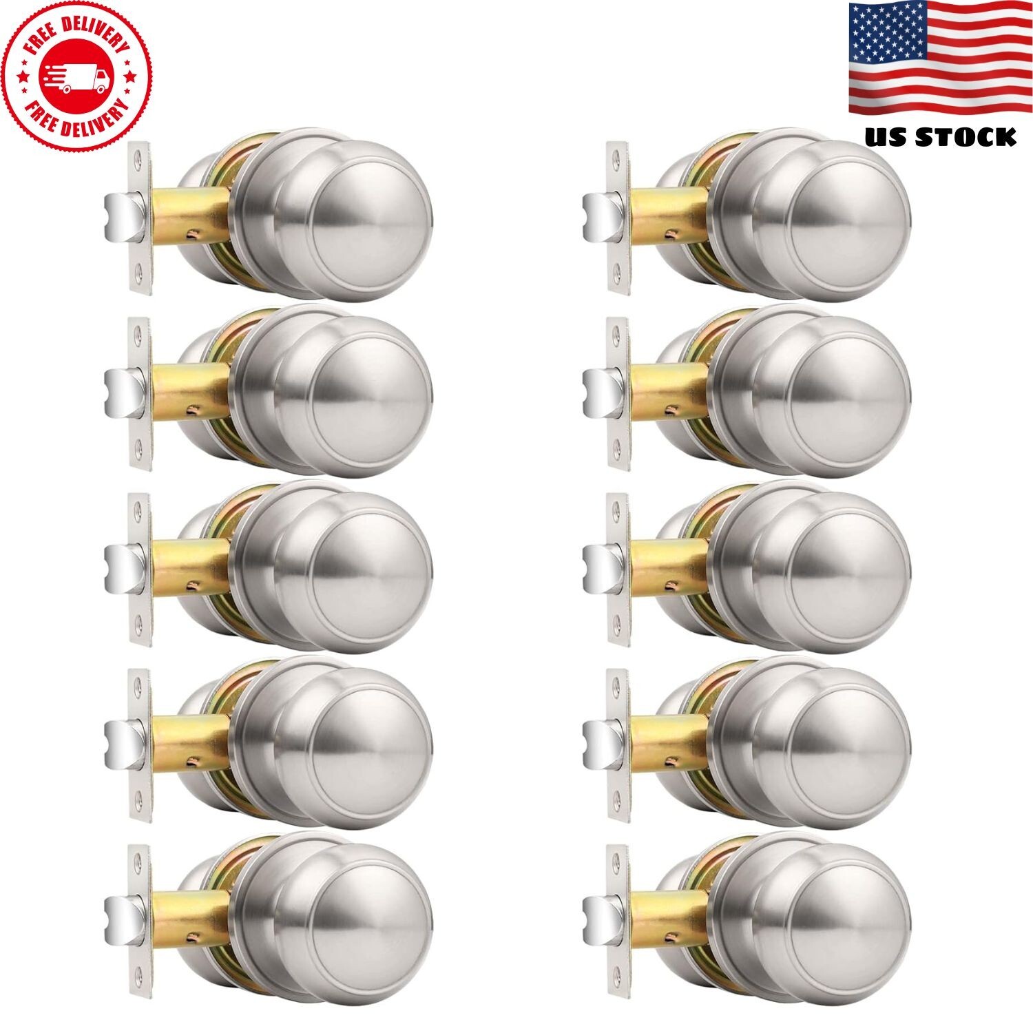 Brushed Nickel Flat Ball Interior Door Knobs for Hall Closet Passage