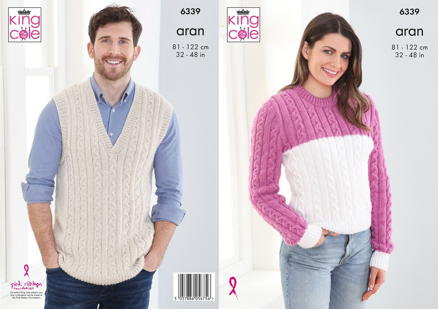King Cole Unisex Knitting Pattern Aran Mens or Woman Slipover & Sweater 6339 - Image 2
