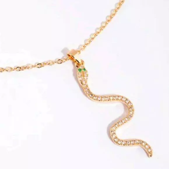 LOVISA RETRO SNAKE GOLD CLEAR/GREEN CZ STONES PENDANT CHAIN NECKLACE**NEW!