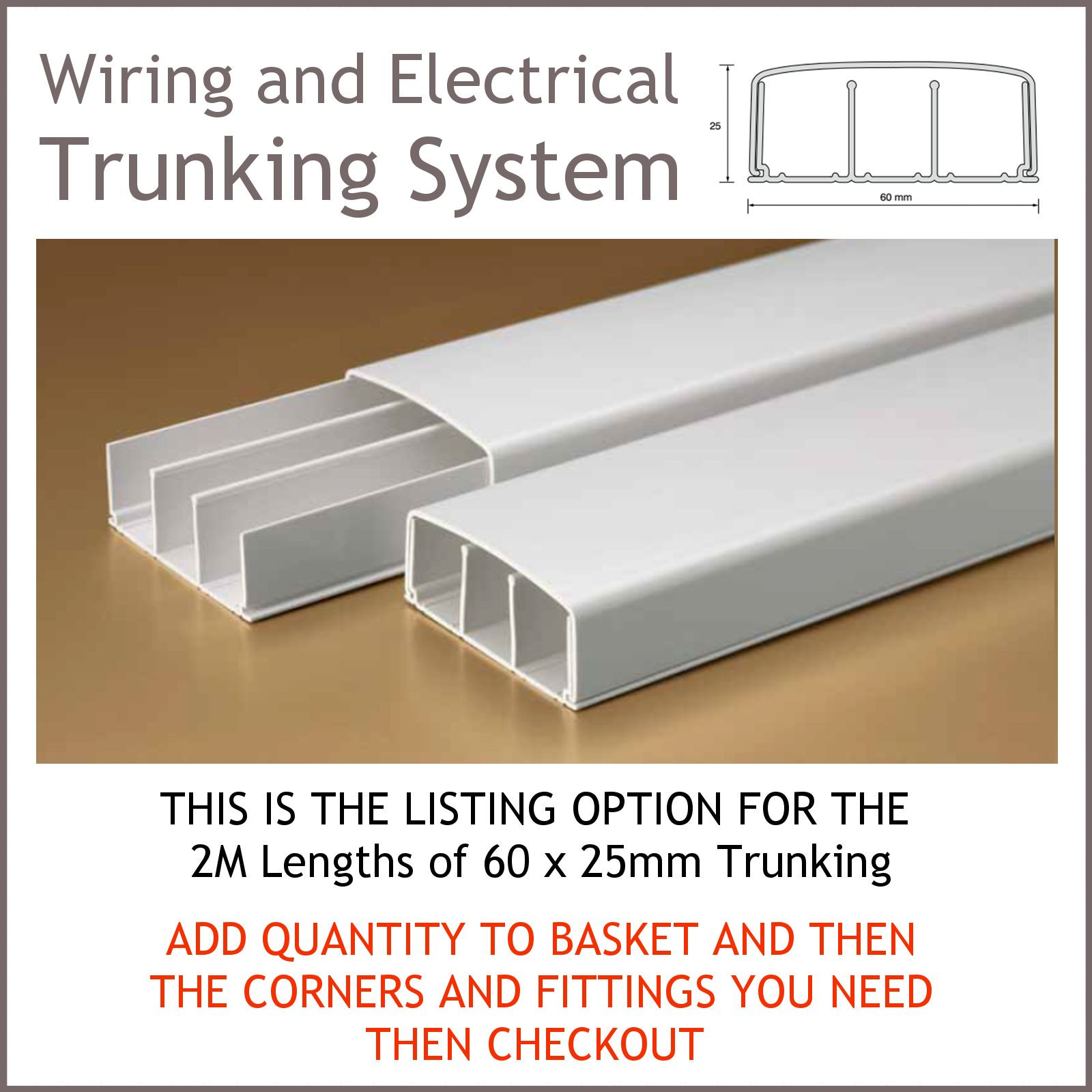 WHITE ELECTRICAL TRUNKING SYSTEM CABLE DUCTING WIRING CONDUIT 60 X 25MM
