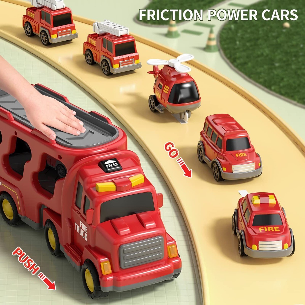 Fire Truck Toy Set With Lights, Sounds & Water Spray - 4 Mini Vehicles, Figures & Tracks For Ages 3-7