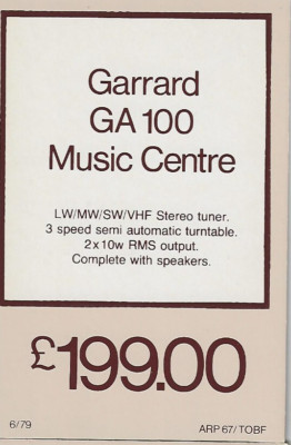 VINTAGE RETAIL SHOWCARD 6''x4'' WERBUNG GARRARD GA 100 MUSIC CENTER c.1980