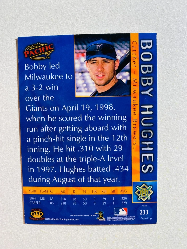 1999 PACIFIC #233 BOBBY HUGHES NM-MT MLB BASEBALL CARD - Image 2 of 2