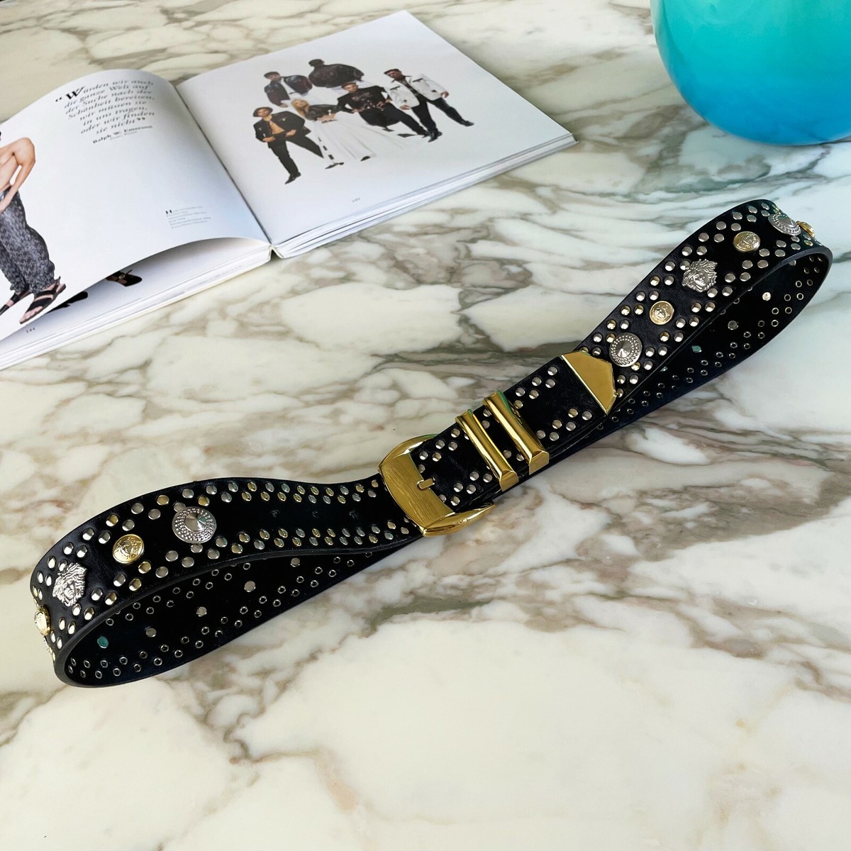GIANNI VERSACE black leather gold/silver tone studded belt GIANNI VERSACE black leather gold/silver tone studded belt