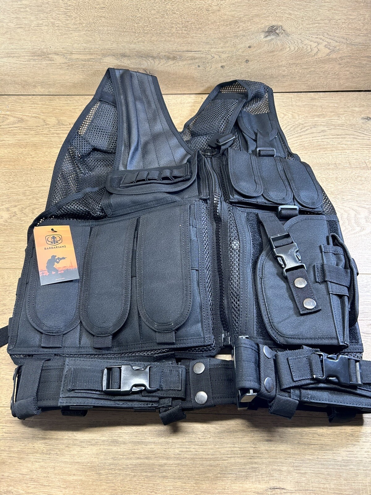 Barbarians Black Tactical Vest Holster 9 Pouches Large Full Zip Belt