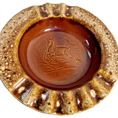 Vintage Hull USA Pottery Ashtray Running Embossed Deer Brown Drip Glaze