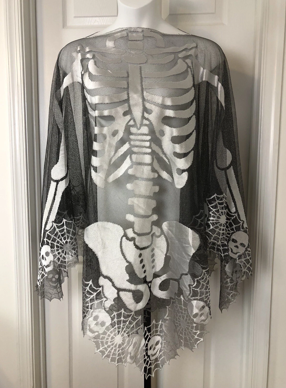 Heritage Lace Skeleton Poncho Adult 60" x 60" Pewter Cobweb Skull Border Goth